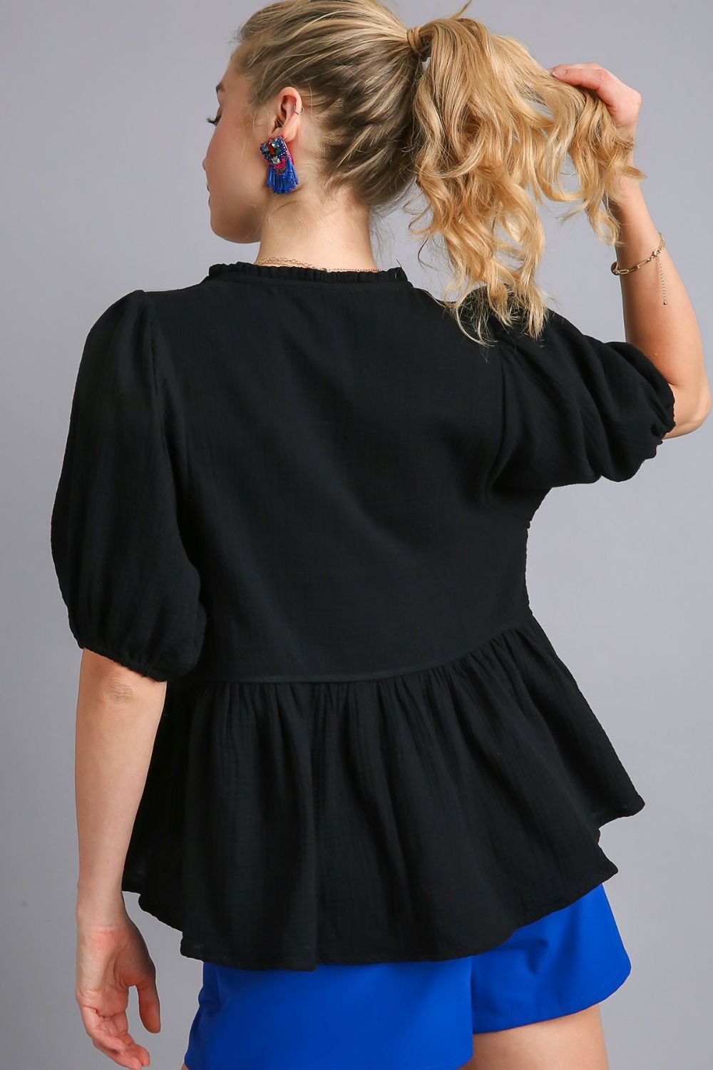 Umgee Full Size Cotton Gauze Floral Embroidery Babydoll Blouse Plus Size