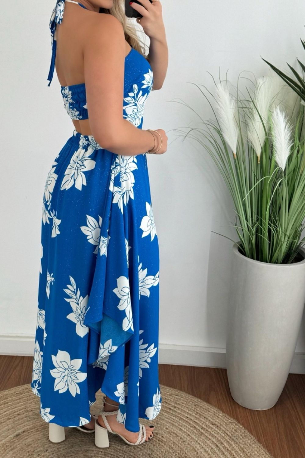 Smocked Printed Halter Neck Dress - felvior
