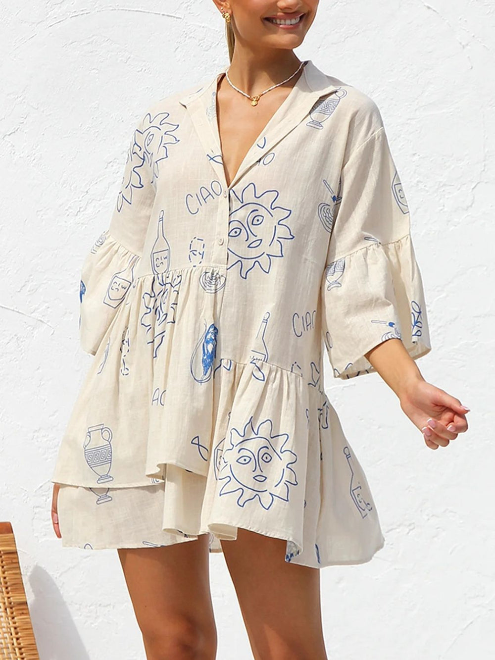 Button Detail Printed Mini Dress - felvior