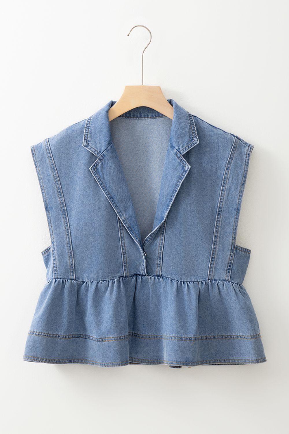 Lapel Collar Peplum Denim Top - felvior