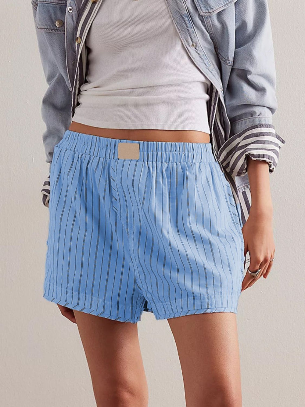 Striped Elastic Waist Shorts - felvior