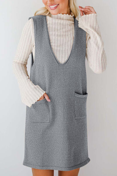 Lovelet Pocketed V-Neck Mini Sweater Overall Dress