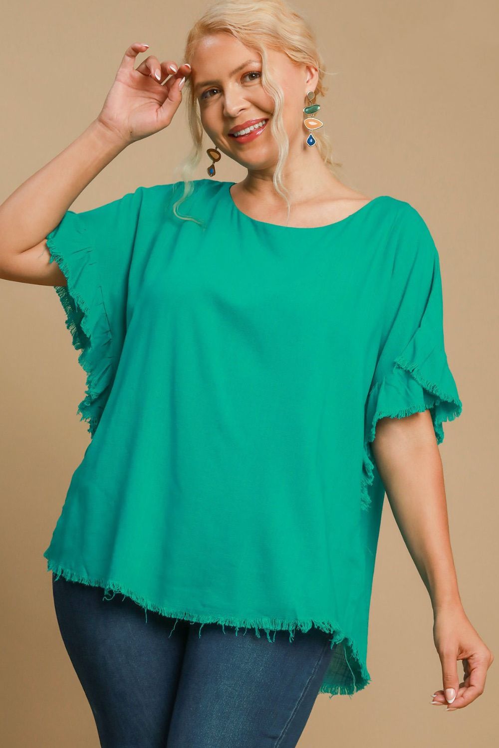 Umgee Full Size Raw Hem Ruffle Short Sleeve Blouse Plus Size