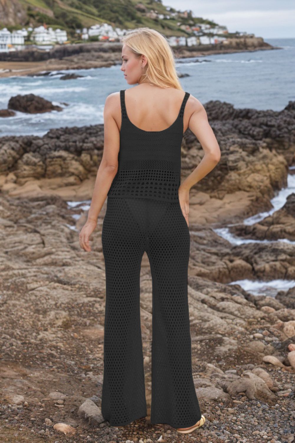 Hollow Out Round Neck Top and Pants Sweater Cover Up Set - felvior