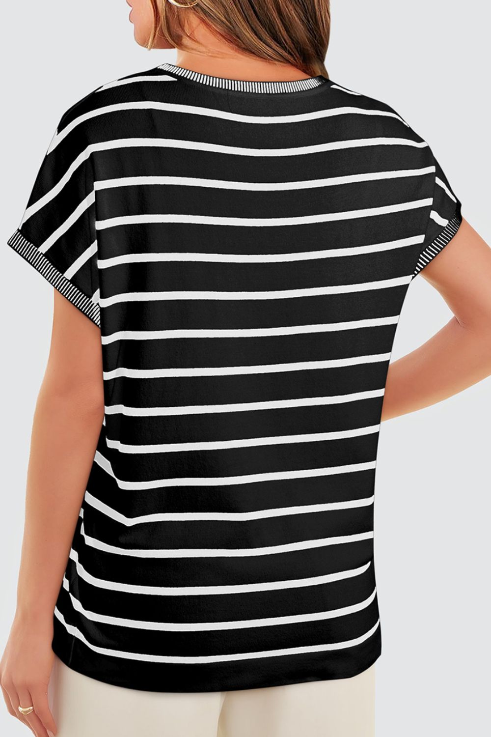 Striped Short Sleeve Knit Top - felvior