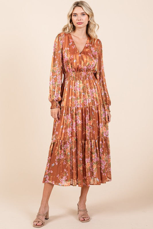 Mittoshop Flower Print Satin Lurex Stripe Smocked Midi Dress - felvior