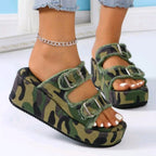 Raw Hem Wedge Buckle Sandals