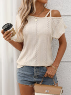 Eyelet Asymmetrical Shoulder Short Sleeve T-Shirt