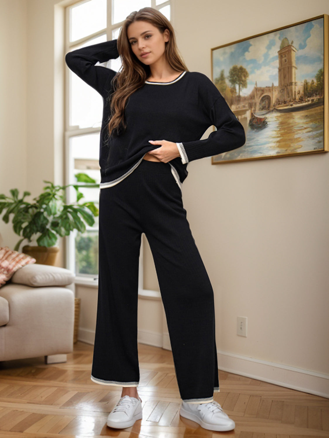 Contrast Trim Round Neck Top and Pants Sweater Set - felvior