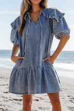 Ruffled Side Pockets Puff Sleeve Denim Mini Dress