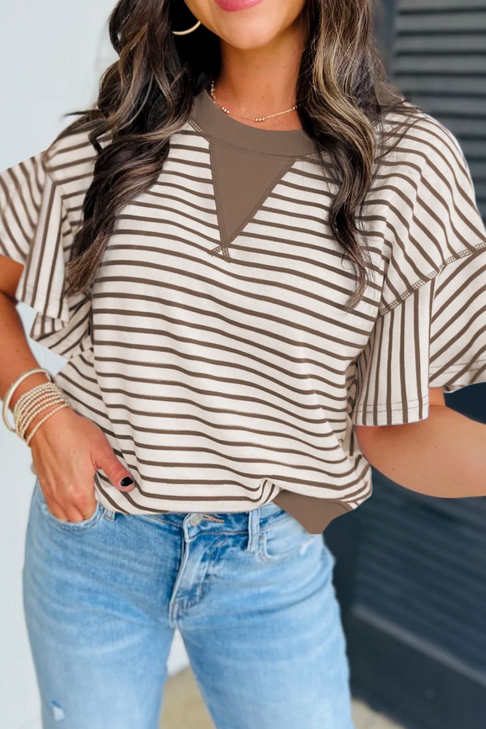 Contrast Striped Ruffle Short Sleeve Top - felvior