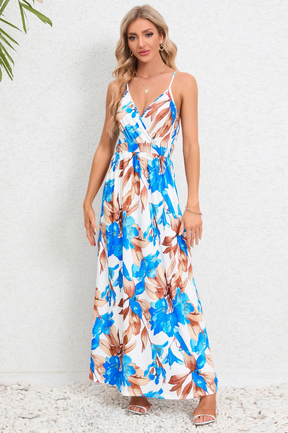 Printed Surplice Maxi Cami Dress - felvior