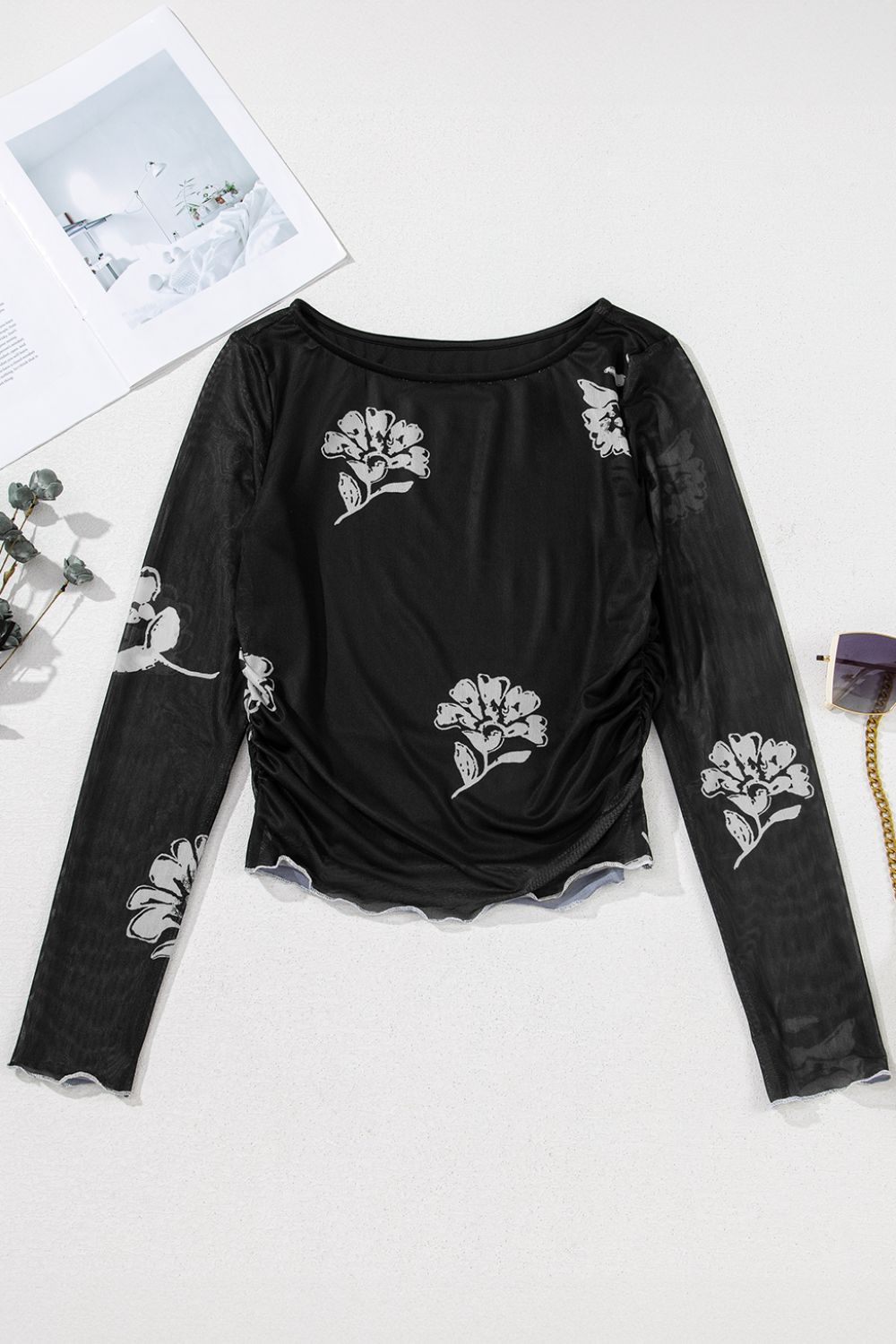 Floral Mesh Lettuce Edge Ruched Slim Long Sleeve Top - felvior