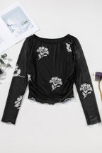 Floral Mesh Lettuce Edge Ruched Slim Long Sleeve Top