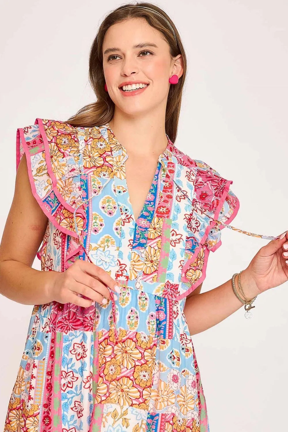 Umgee Full Size Tie Neck Double Layered Ruffle Sleeve Midi Dress Plus Size