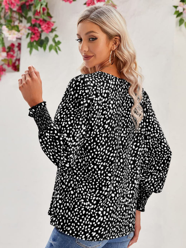 Printed V-Neck Lantern Sleeve Blouse - felvior