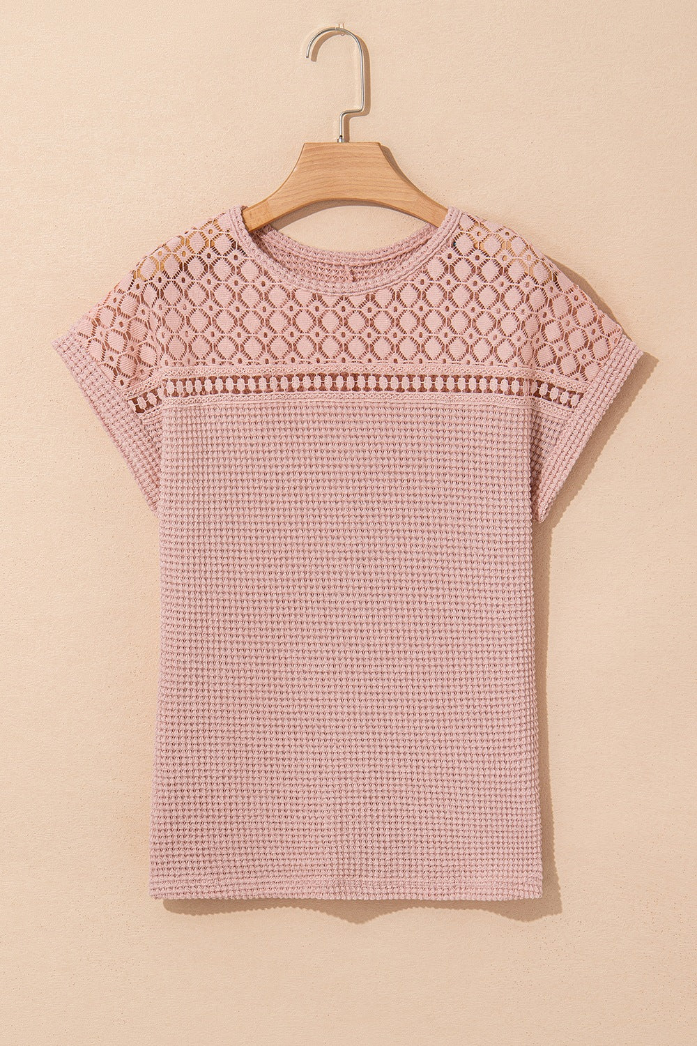 Lace Patchwork Waffle Short Sleeve Knit Top - felvior