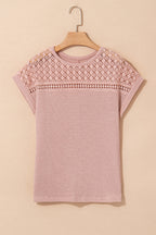 Lace Patchwork Waffle Short Sleeve Knit Top