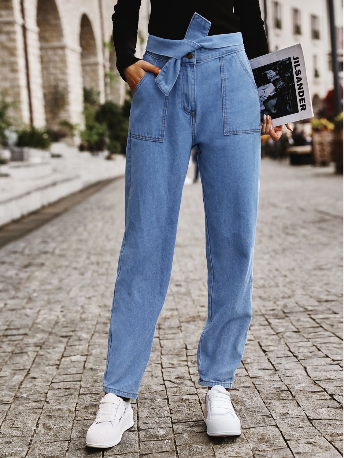 Tied Straight Jeans with Pockets - felvior
