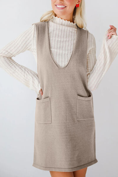 Lovelet Pocketed V-Neck Mini Sweater Overall Dress