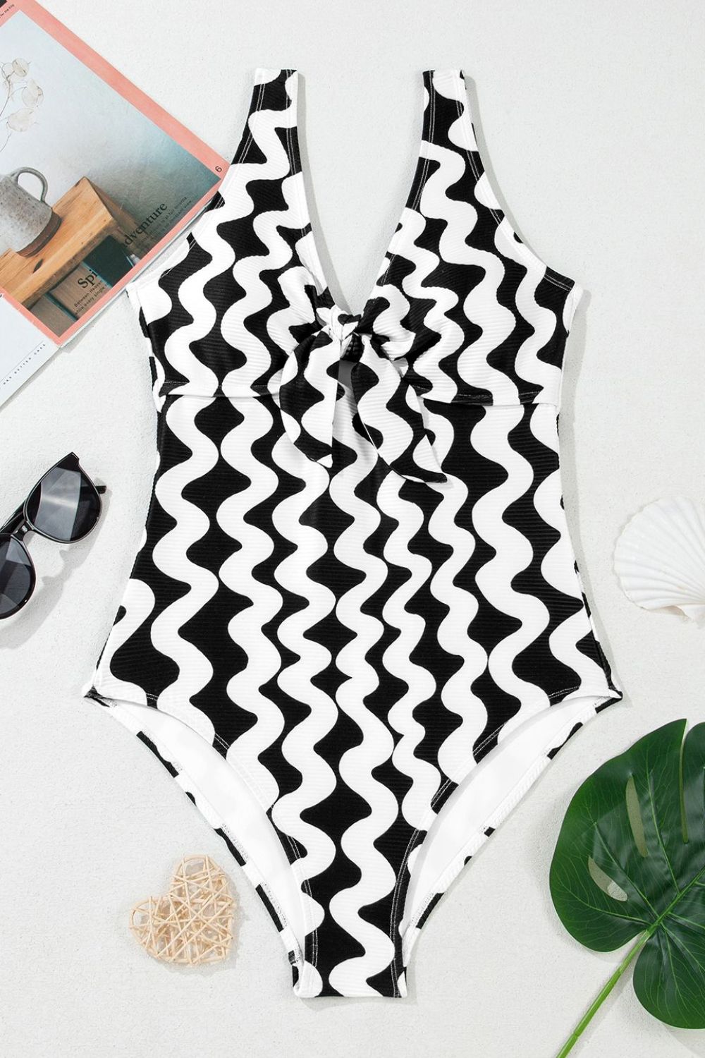 Tied Front Contrast Striped One-Piece Swimsuit - felvior