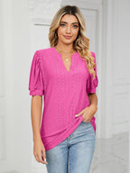 Florira Eyelet Notched Short Sleeve T-Shirt