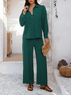 Devine Collared Neck Long Sleeve Top and Pants Set