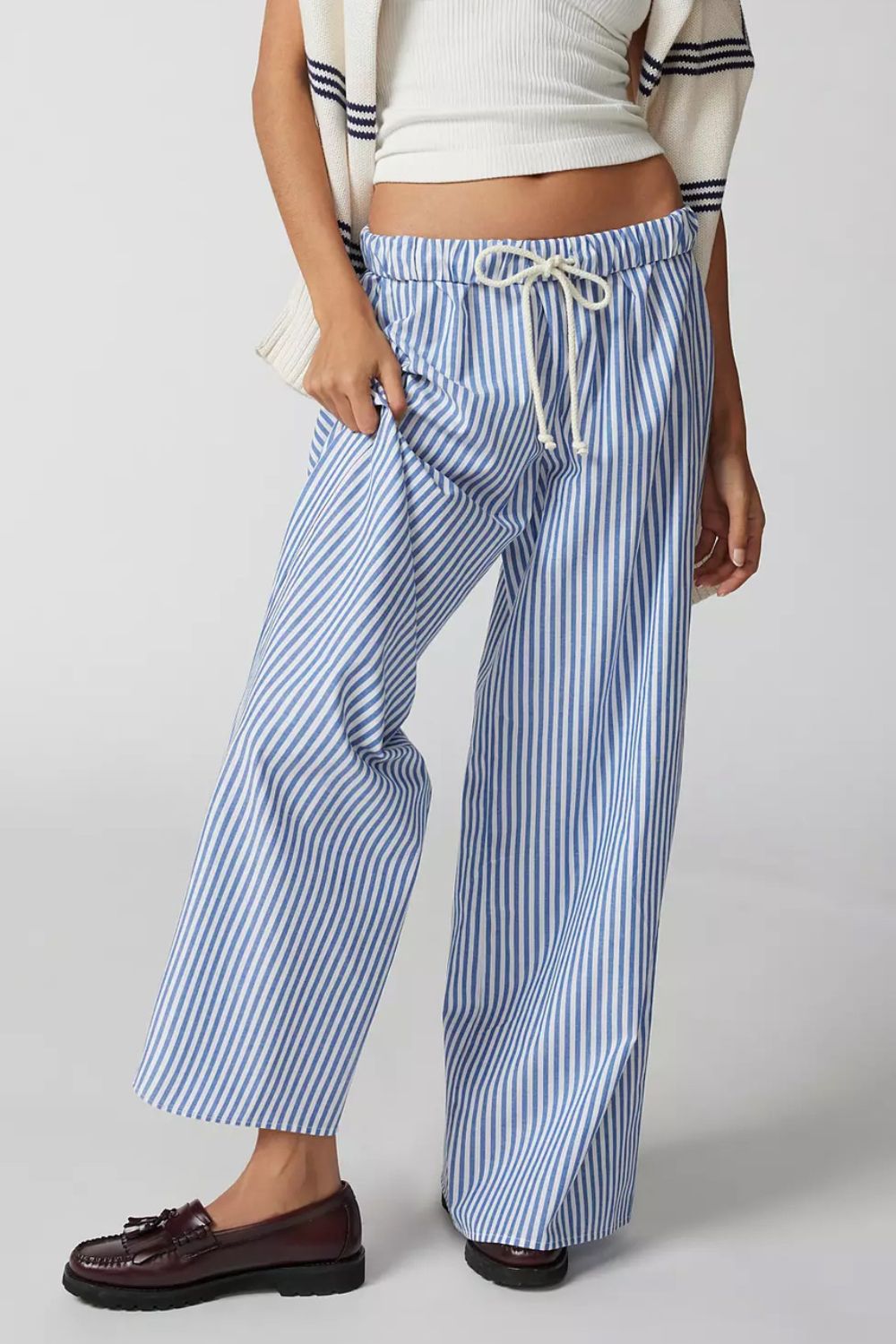 Drawstring Striped Wide Leg Pants - felvior