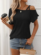 Eyelet Asymmetrical Shoulder Short Sleeve T-Shirt