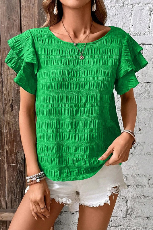 Textured Ruffled Sleeve Round Neck Top - felvior