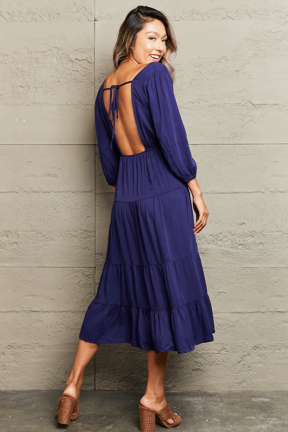 Perfee Tied Backless Tiered Midi Dress - felvior