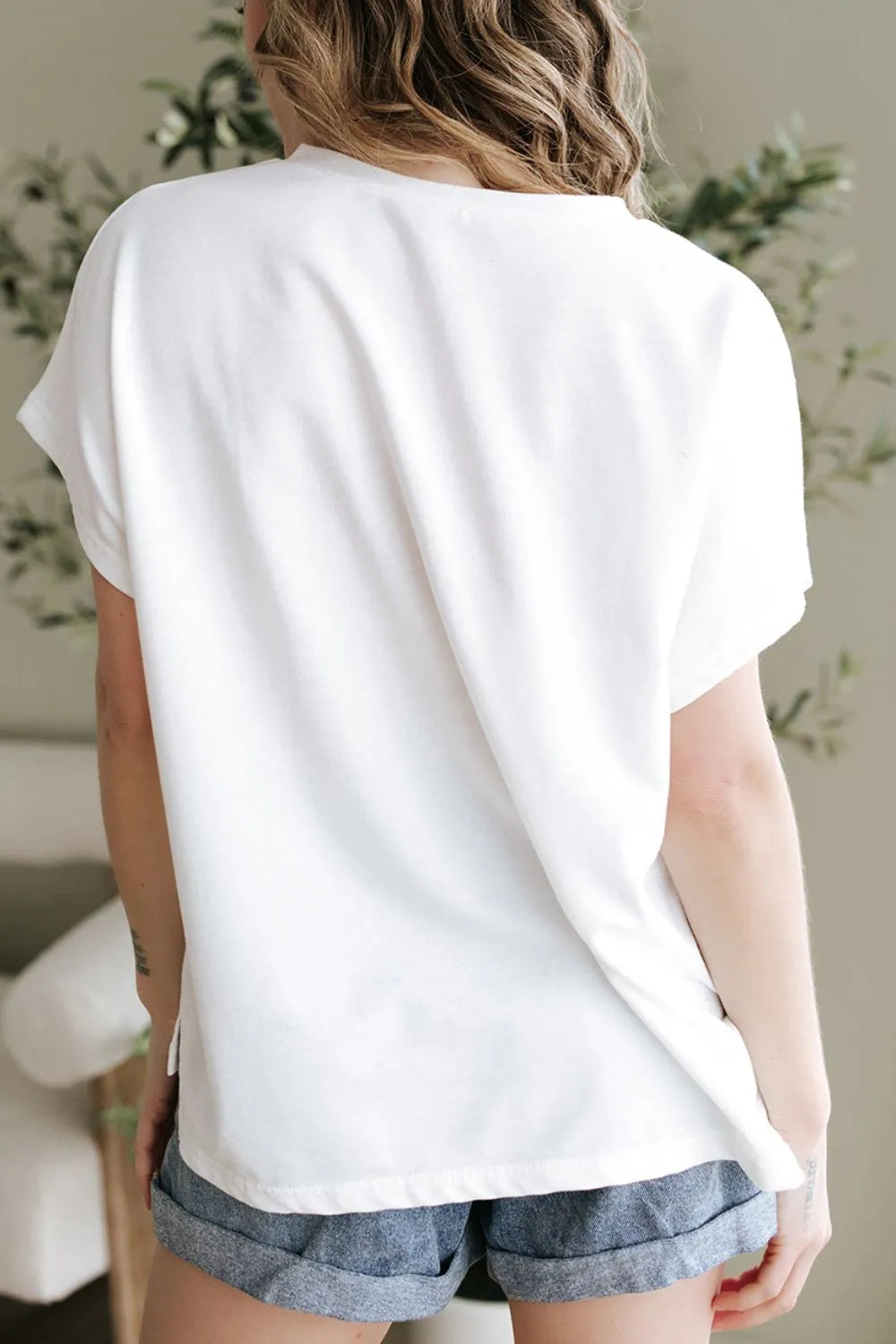 Floral Applique Notched Dolman Sleeve Top