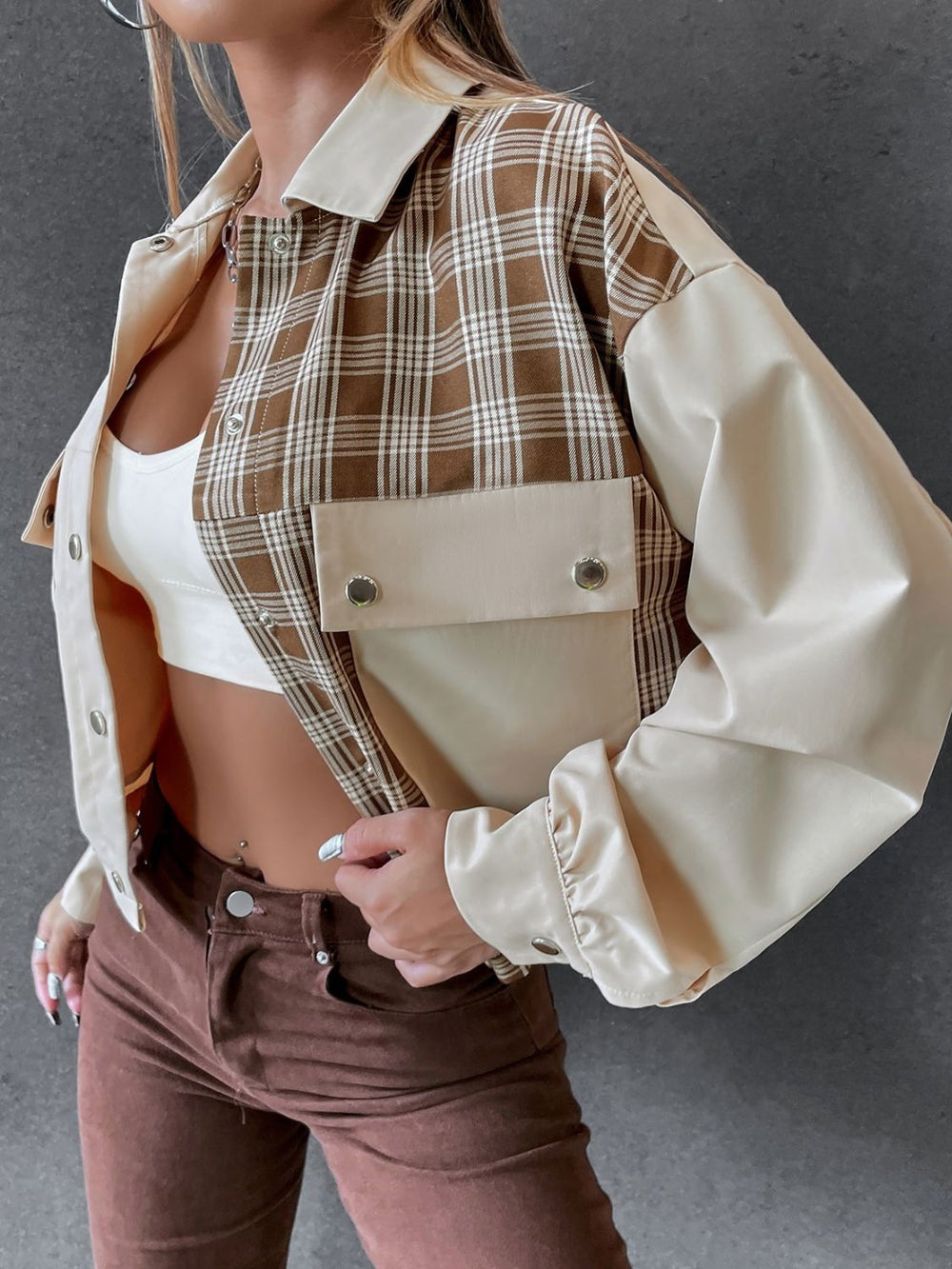 Snap Down Color Block Plaid Jacket - felvior
