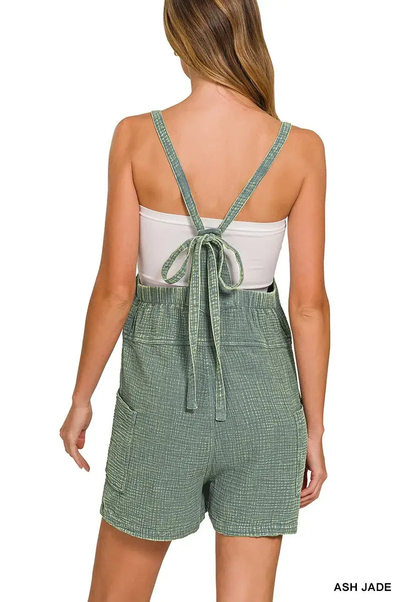 Zenana Washed Double Gauze Tie Back Rompers