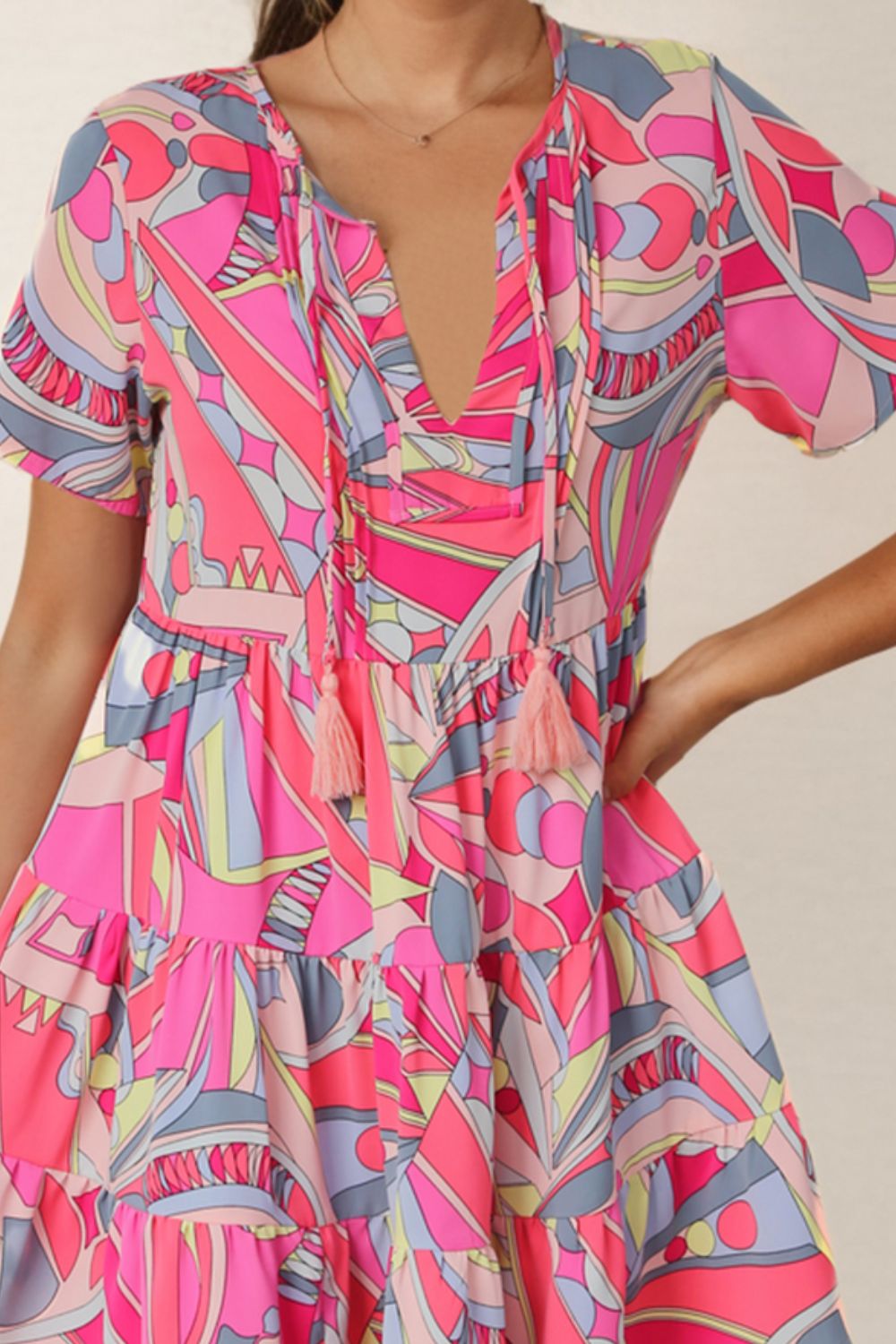Multicolored Tie Neck Short Sleeve Tiered Dress - felvior