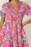 Multicolored Tie Neck Short Sleeve Tiered Dress - felvior