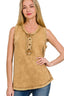 Zenana Washed Half-button Raw Edge Sleeveless Henley Top
