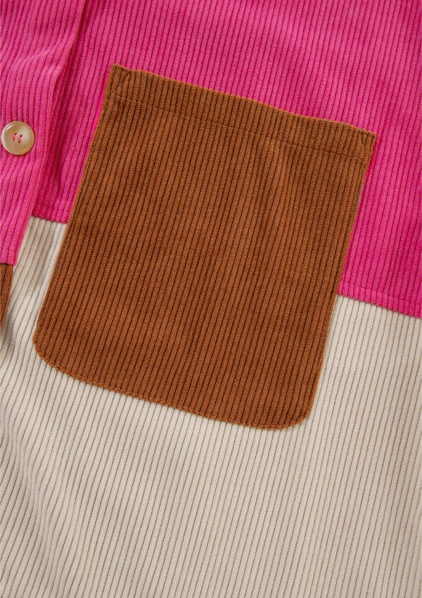 Color Block Curved Hem Corduroy Shacket with Pocket
