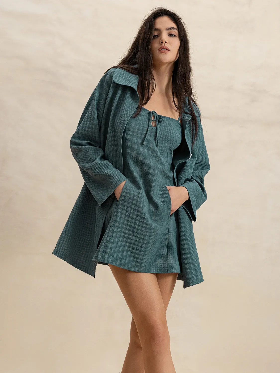 Tie Shoulder Mini Dress and Long Sleeve Top Set