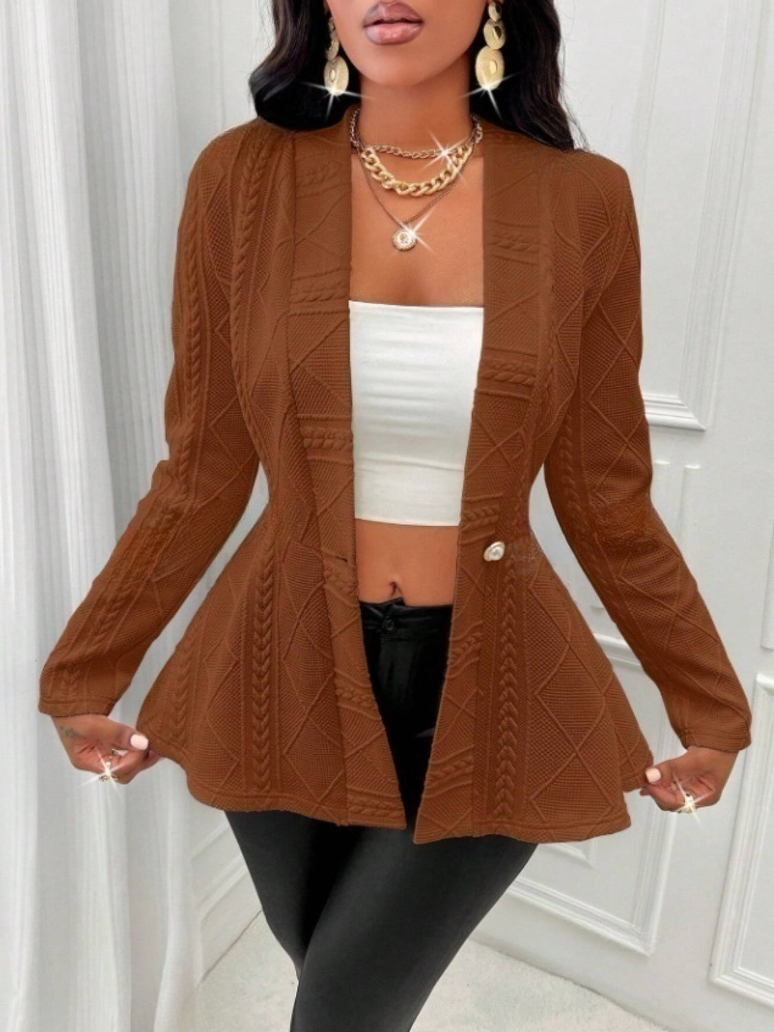 One Button Textured Peplum Cardigan - felvior