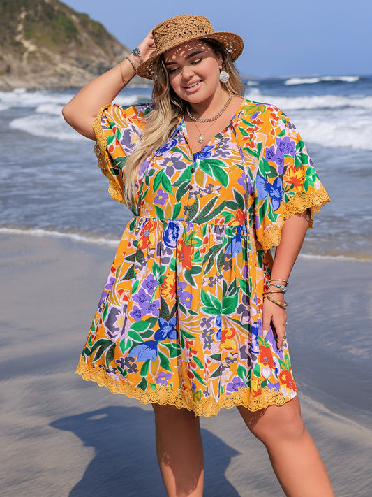 Plus Size Lace Detail Printed Tie Neck Half Sleeve Dress - felvior