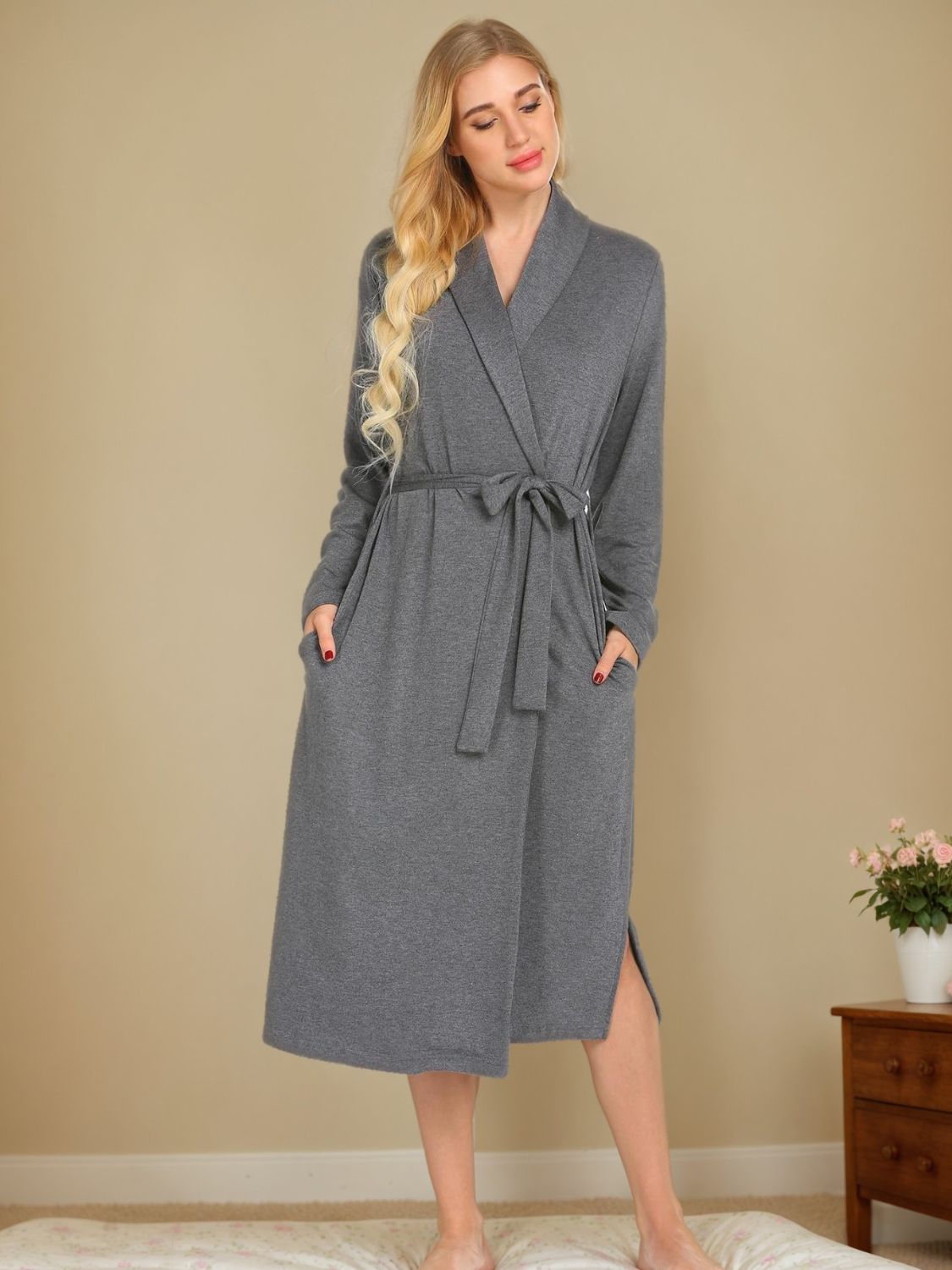 Tied Lounge Nightgown with Pockets - felvior