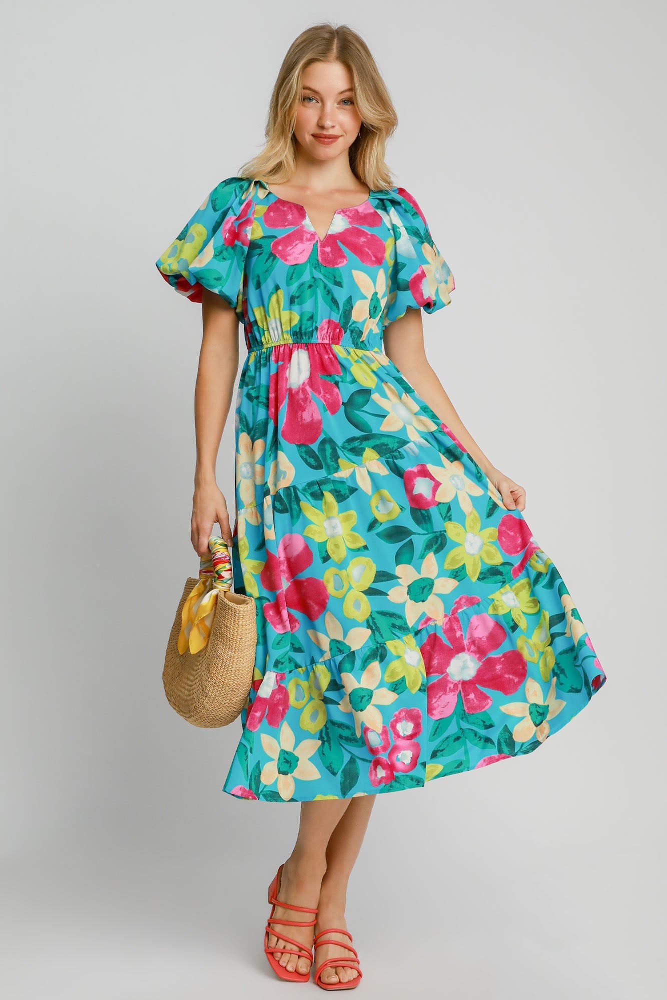 Umgee Full Size Tiered Floral Print Notched Puff Sleeve Midi Dress Plus Size Main image