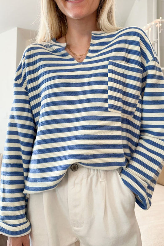 Stripe Chest Pocket Notched Top - felvior