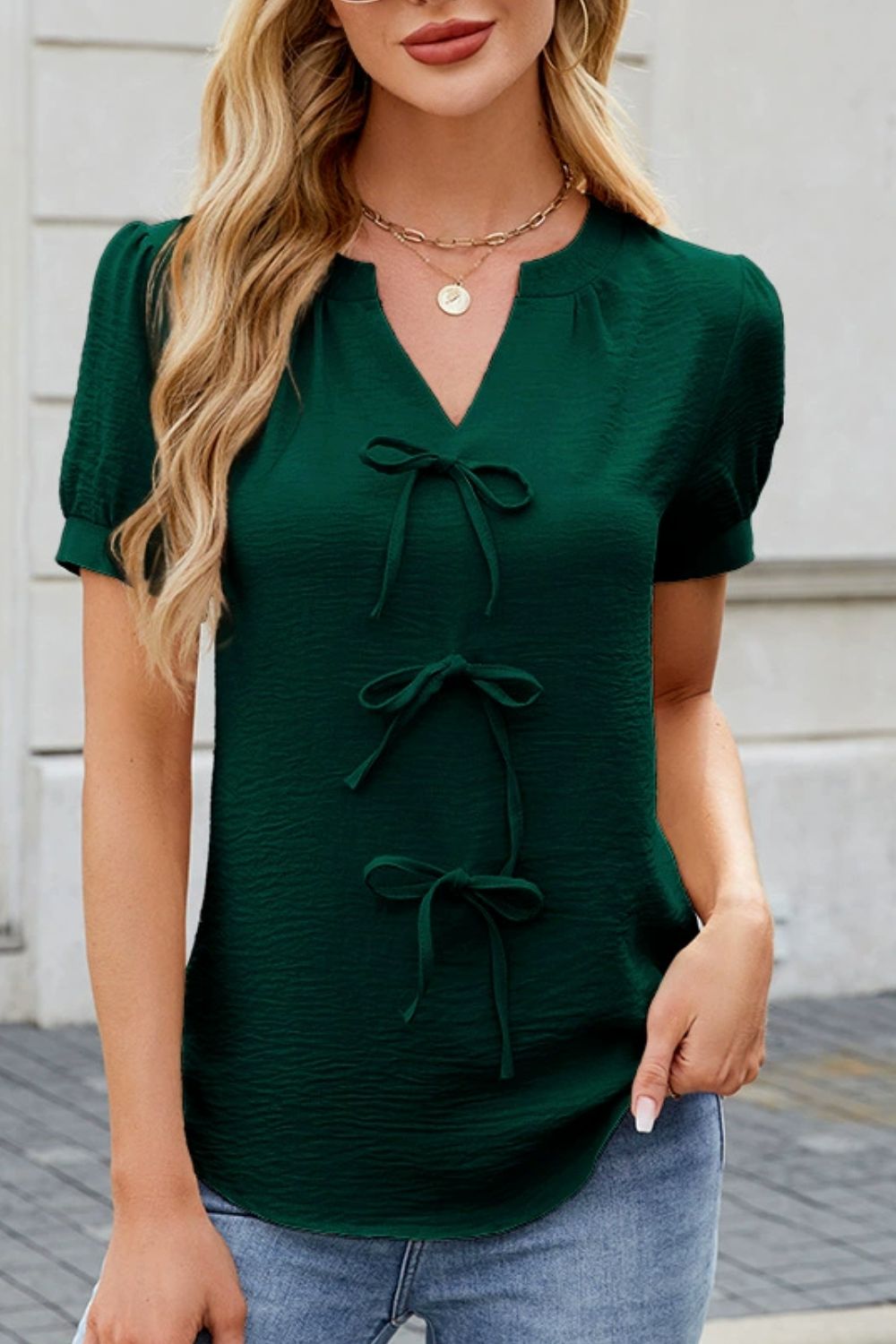 Notched Short Sleeve Blouse - felvior