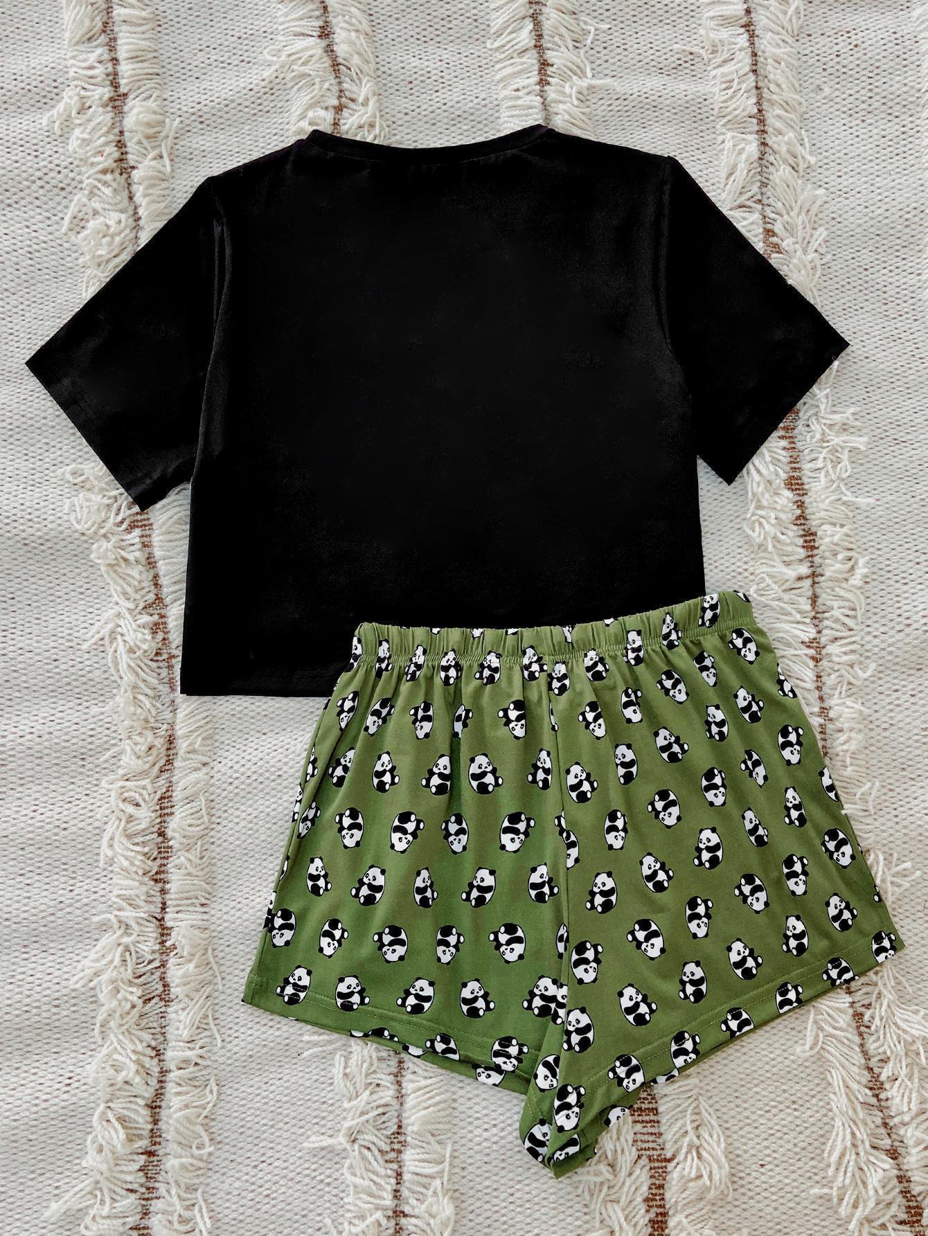 Graphic Tee and Panda Print Shorts Lounge Set Secondary image