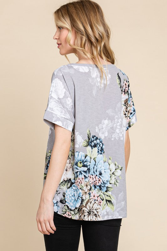 BOMBOM Floral Round Neck Short Sleeve T-Shirt