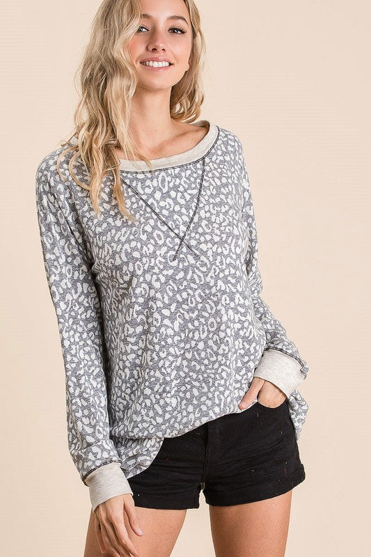 BiBi Leopard Round Neck Long Sleeve T-Shirt