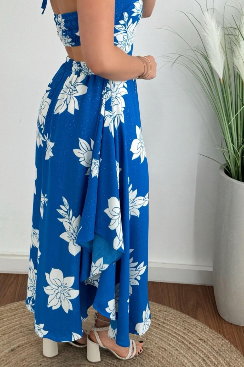 Smocked Printed Halter Neck Dress - felvior
