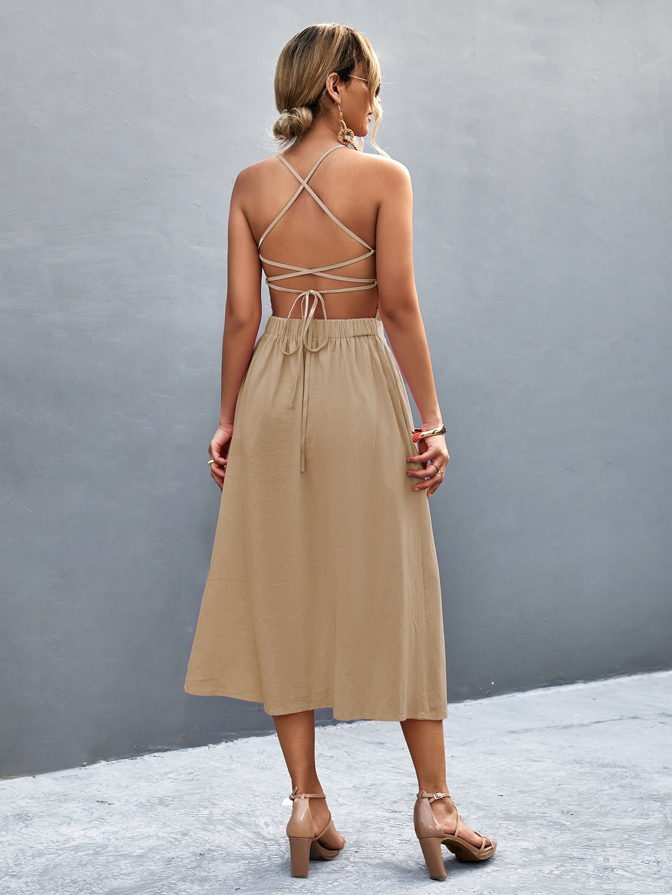 Buttoned Halter Neck Frill Trim Midi Dress - felvior